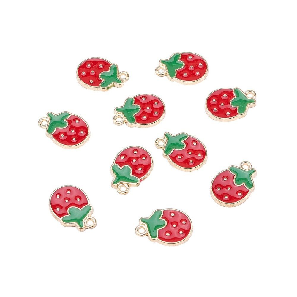 5835 100 Pcs Red Strawberry Fruit LightGold Plated Alloy Enamelled Small